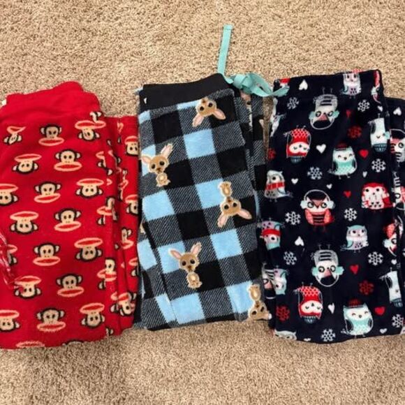Lot of 3 Womens Flannel Winter Pajama Pants Paul Frank Monkey Owl Size 4-6 S/M - Picture 1 of 4